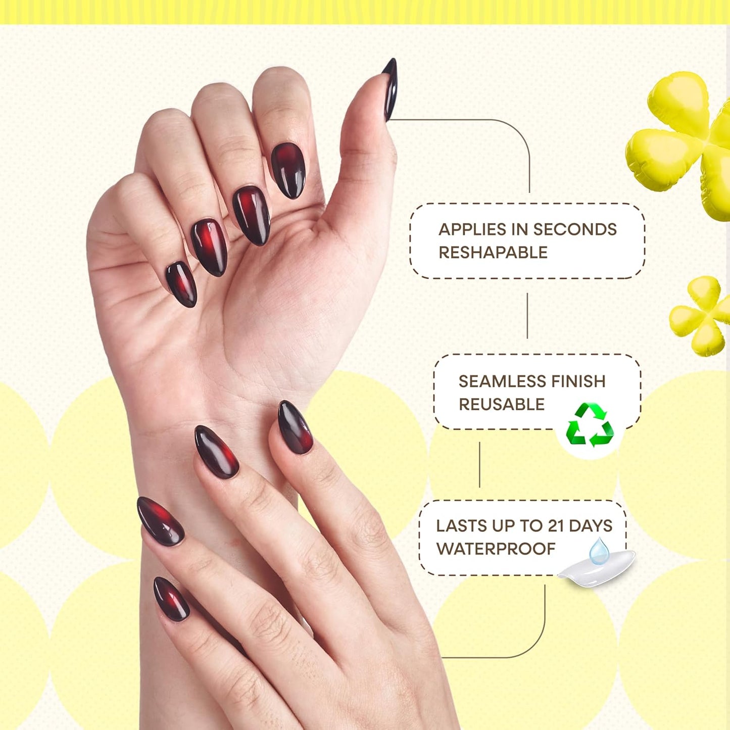 Press On Nails Short Almond - Handmade Cat Eye Soft Gel in Dark Black Red | 26 Reusable Nail Tips with Lamp-Curable Glue for Glam Valentine Wedding Manicure