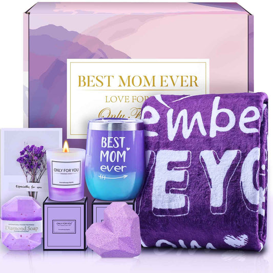 Christmas Gifts for Mom, Thanksgiving Birthday Mothers Day Basket for Mom from Daughter Son, Relaxing Spa Gifts Set with Luxury Flannel Purple Blanket, Great Birthday Mother's Day Ideas for Women