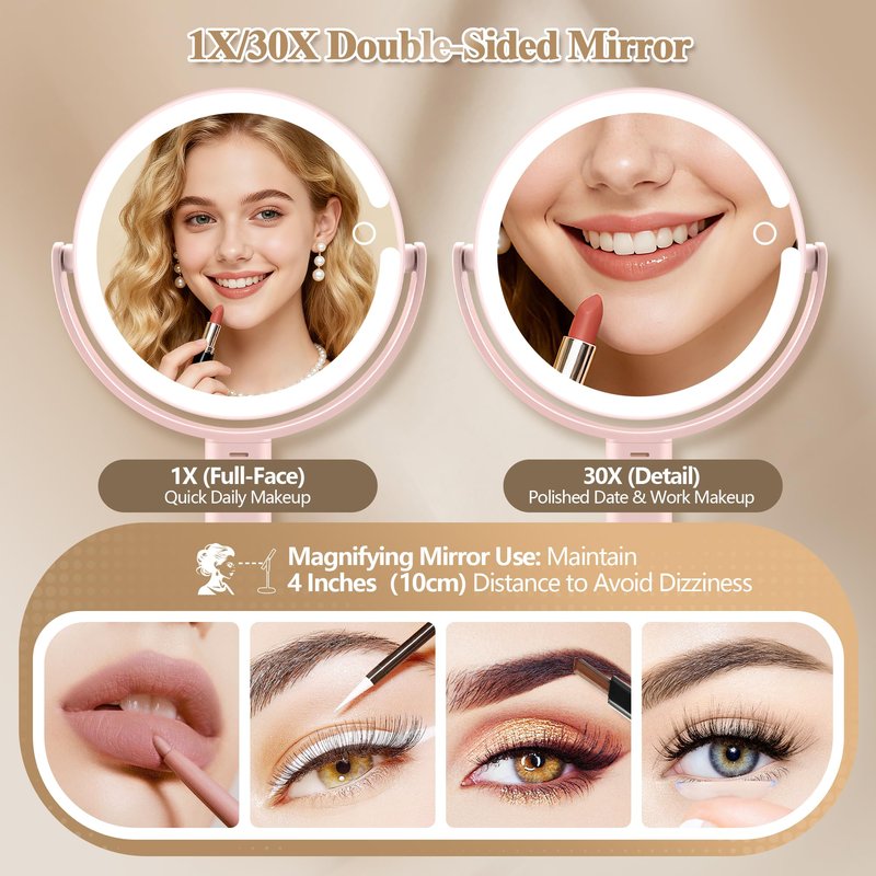 MOMOKUBA Makeup Mirror with Lights, Double Sided 1x/30x Magnifying Mirror with Light, Rechargeable 3 Color Lights and Adjustable Brightness, 360° Rotation Detachable Comes with Tweezer(Pink-30X)