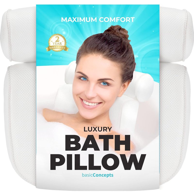 Bathtub Pillow for Neck and Back Support - Machine Washable Bath Headrest with 6 Suction Cups | Drying Hook Included