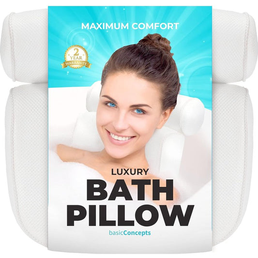 Bathtub Pillow for Neck and Back Support - Machine Washable Bath Headrest with 6 Suction Cups | Drying Hook Included