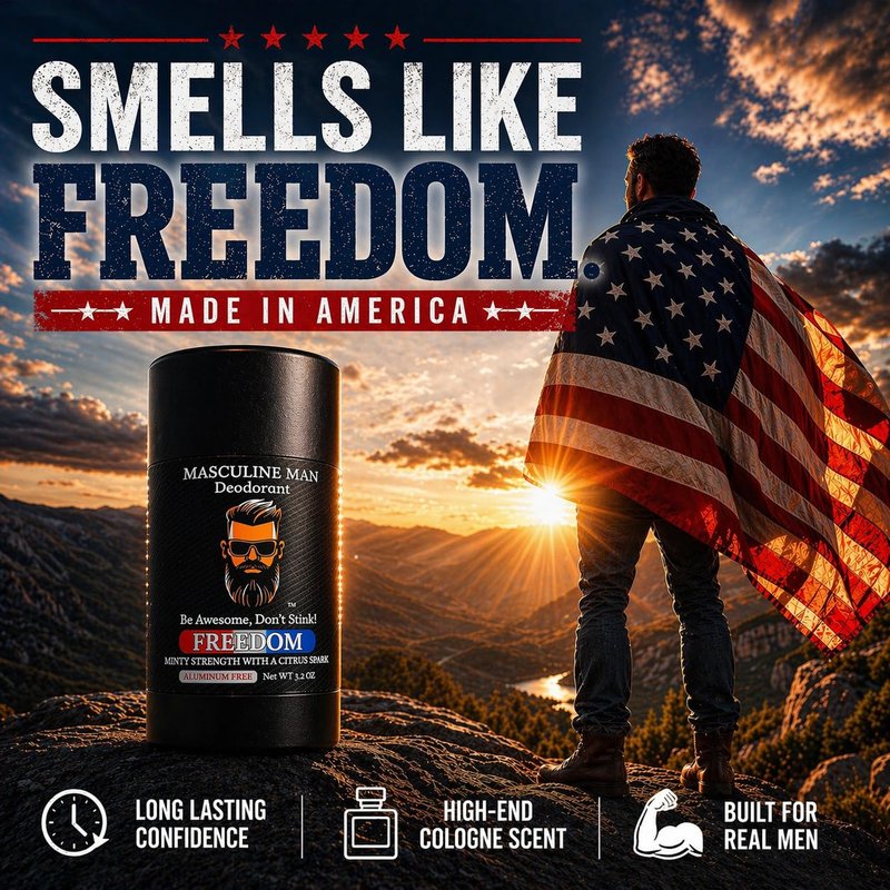MASCULINE MAN Deodorant for Men - Aluminum Free Mens Deodorant - Natural Deodorants - Sweat Protection for Underarm - Stain-Free Stick Deodorants - Made in USA, 3.2oz (Pack of 2, Freedom)