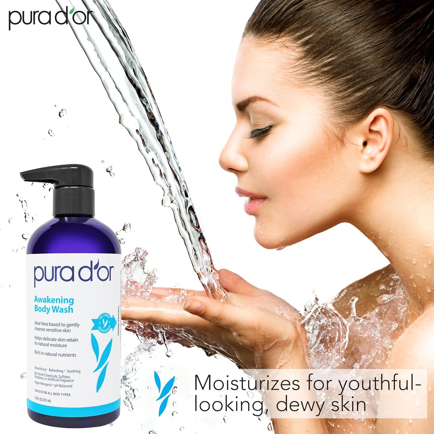 PURA D'OR Awakening Body Wash - Aloe Vera & Lavender | pH Balanced, 48oz Total for Soft, Fresh Skin