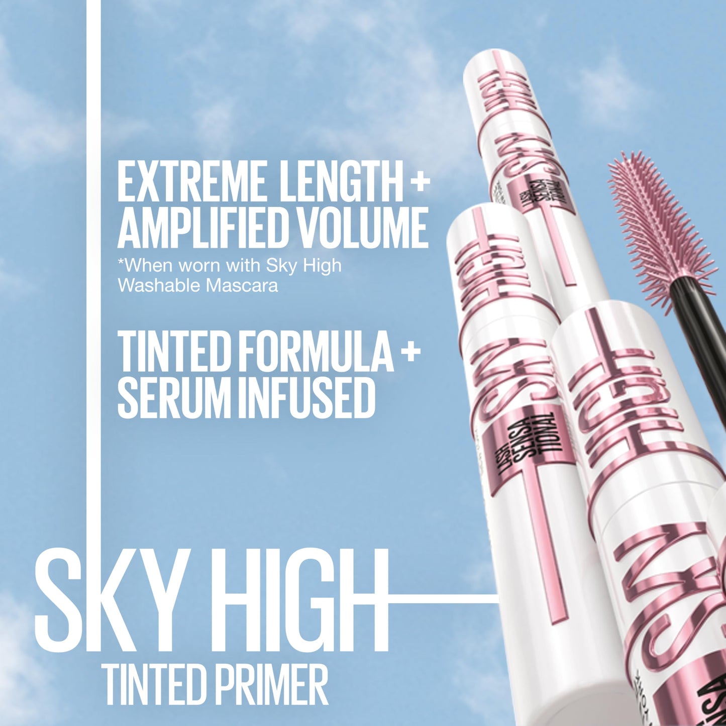 Maybelline Lash Sensational Sky High Washable Mascara + Boosting Lash Primer Makeup Bundle, Includes 1 Mascara in Blackest Black and 1 Eyelash Primer in Soft Black