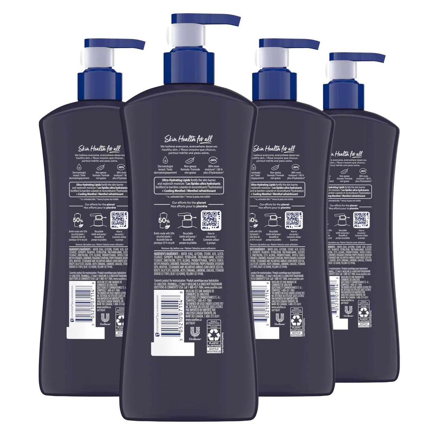 Vaseline Men Cooling Hydration 3-in-1 4 Pack for Dry Skin Face, Hands & Body Lotion for Men with Menthol & Ultra-Hydrating Lipids 20.3 oz