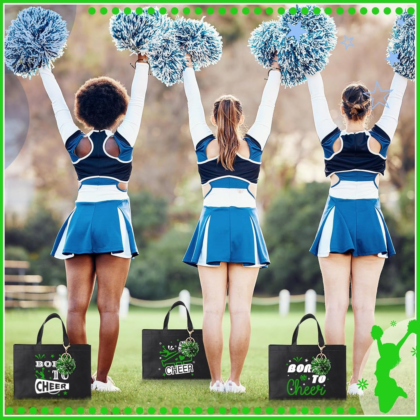 Cheerleading Gifts Set - 72 Pcs Green Cheer Bags, Pom Pom Keychains & Bracelets | Perfect for Female Teammates