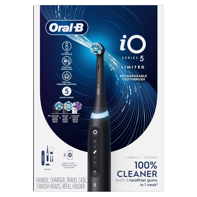 Oral-B Rechargeable Electric Toothbrush - iO5 Deep Clean & Whiten, 5 Modes, Visual Pressure Sensor | Black, Travel Case, 3 Heads