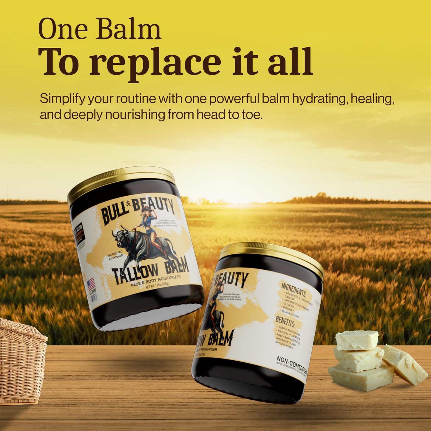 Bull & Beauty Organic Beef Tallow and Honey Balm 7.05oz Organic Beef Tallow for Skin - 100% Grass-Fed Unscented Beef Tallow Moisturizer for Skin & Face with Manuka Honey, Olive Oil & Beeswax
