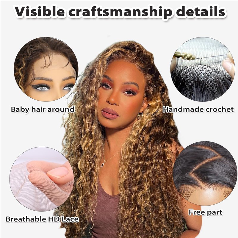 forfeels Ombre Brown Mixed Blonde Highlight Synthetic Lace Front Wig 24 Inches 13x4 HD Long Curly Wavy Lace Front Wigs for Women Daily Party Use