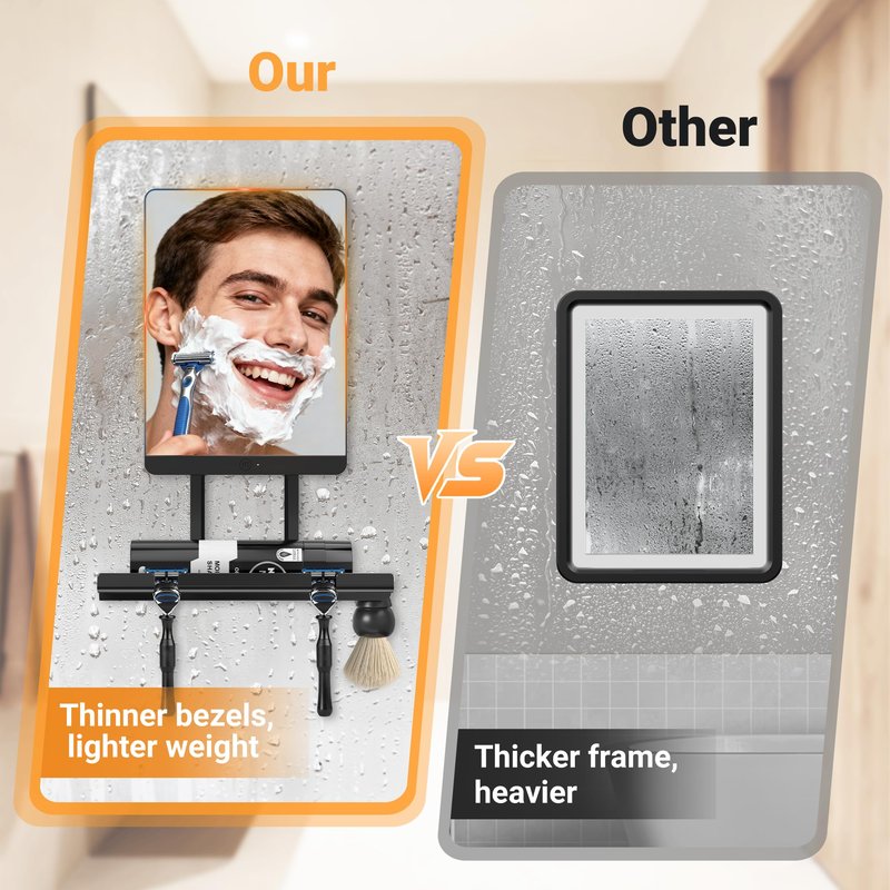 Toollygozz Heated Fogless Shower Mirror for Shaving, 5000mAh Long-Lasting Anti-Fog Shower Mirror with 360° Rotating Design & Razor Holder, Fog-Free Shaving Mirror for Men (Black)