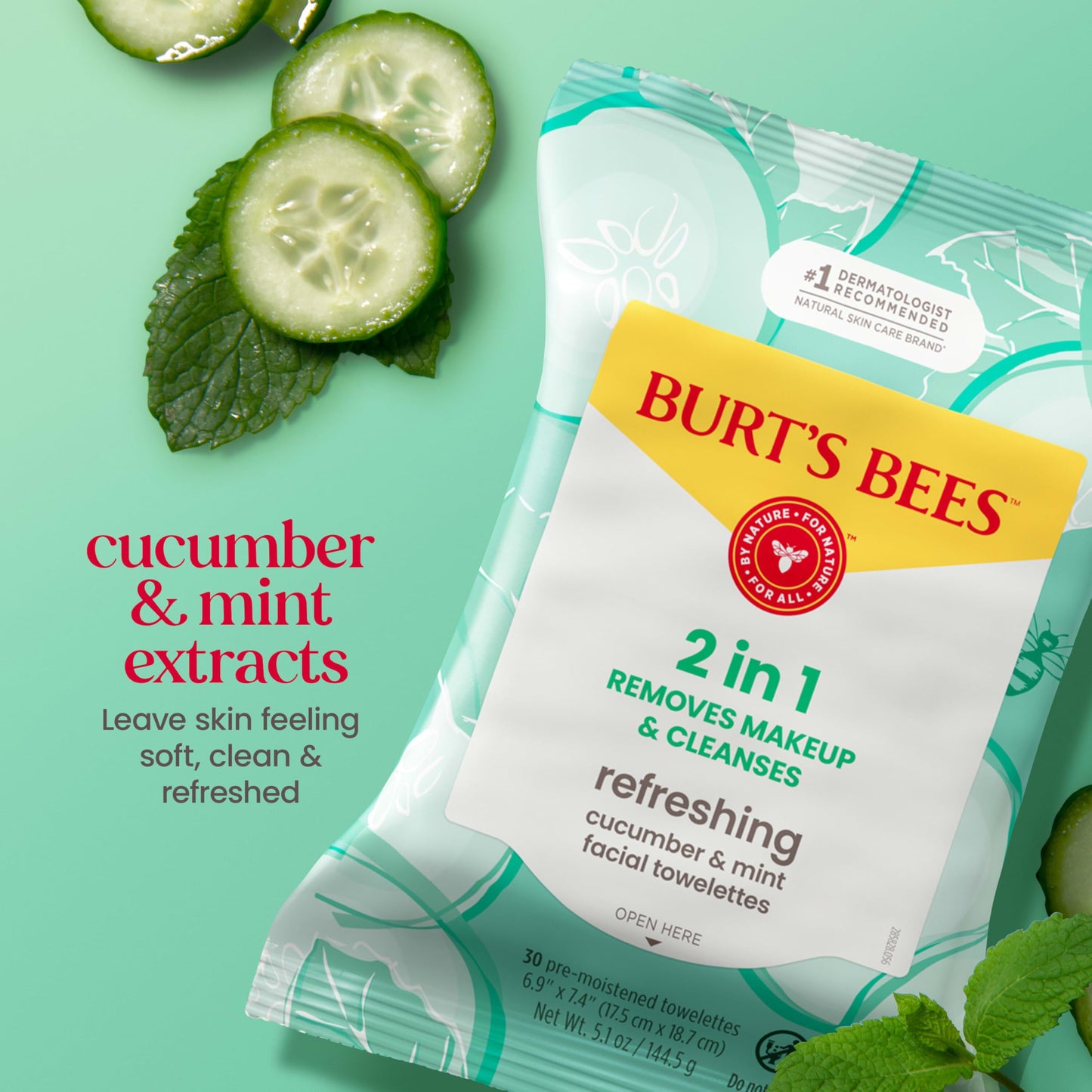 Burt’s Bees Refreshing Cucumber & Mint Facial Towelettes, 100% Plant Based Cloths; 99% Natural Origin; Removes Makeup and Cleanses; No Need to Rinse; 30 Ct (Pack May Vary)