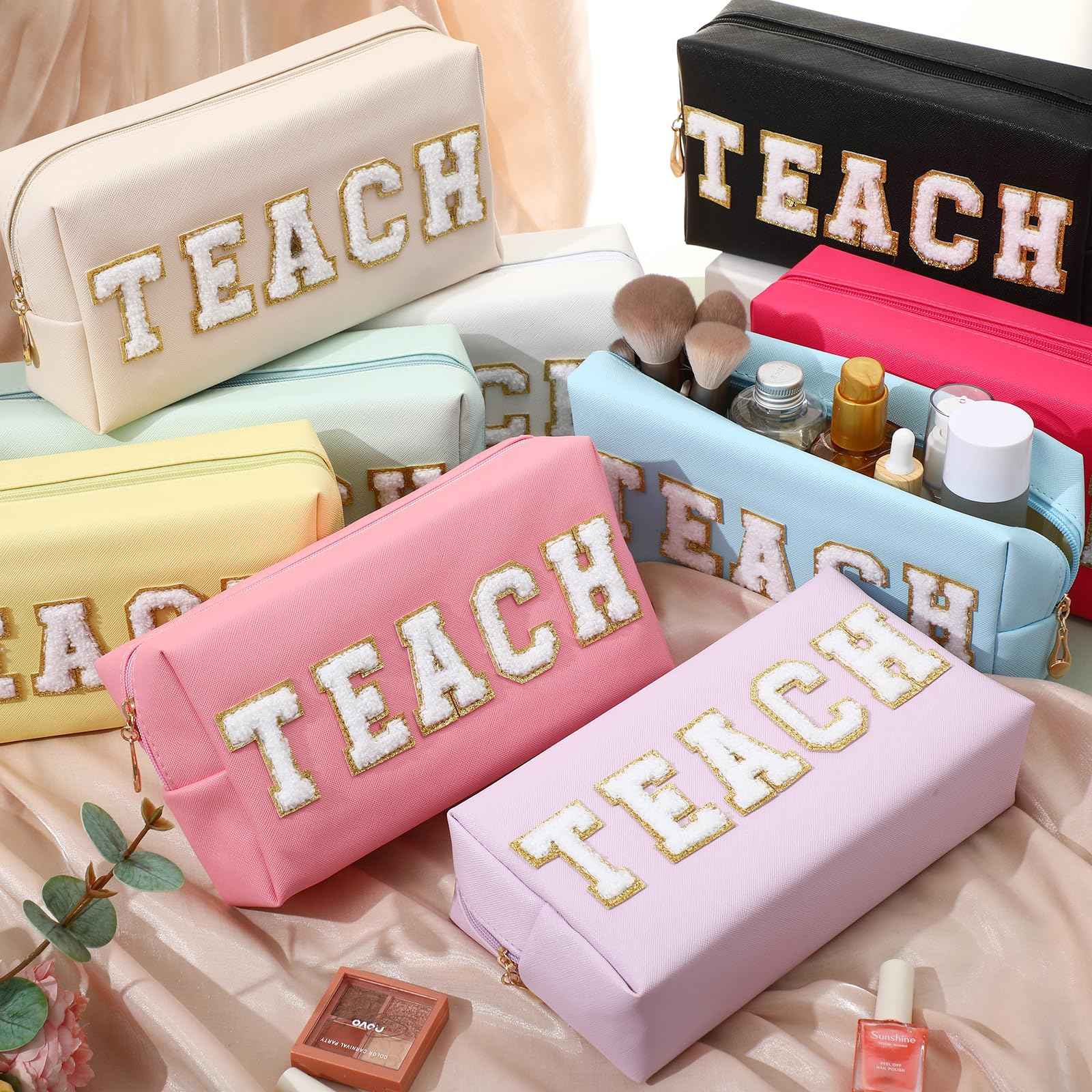 Chunful 9 Pieces Preppy Makeup Bag Bulk Chenille Letters Patch Cosmetic Bag PU Leather Waterproof Toiletry Travel Pencil Case Pouch for Women Traveling Purse (Colorful Color,Teach)