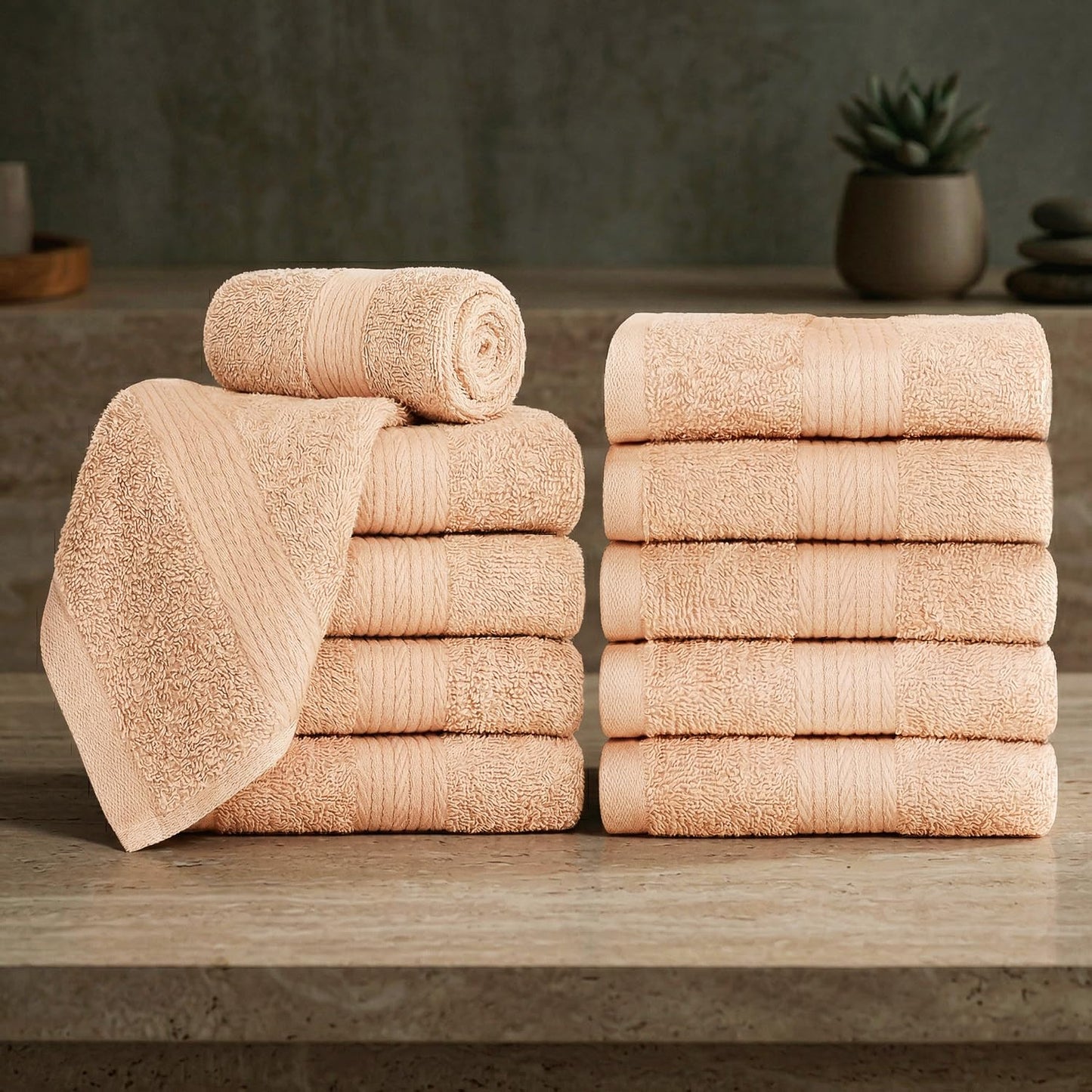 Ample Decor 100% Cotton Washcloths 12x12 Inches, 600 GSM, Soft & Absorbent, Durable, Set of 10, Beige