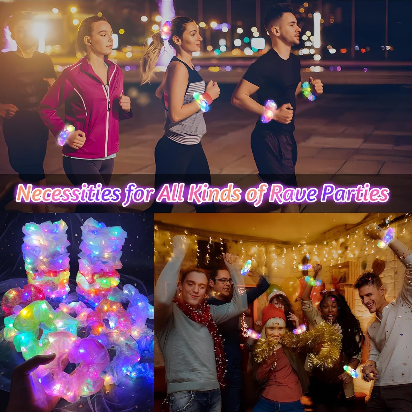 Light Up Scrunchies - 30 Pcs LED Glow in the Dark Hair Ties | Satin Elastic for Parties & Festivals
