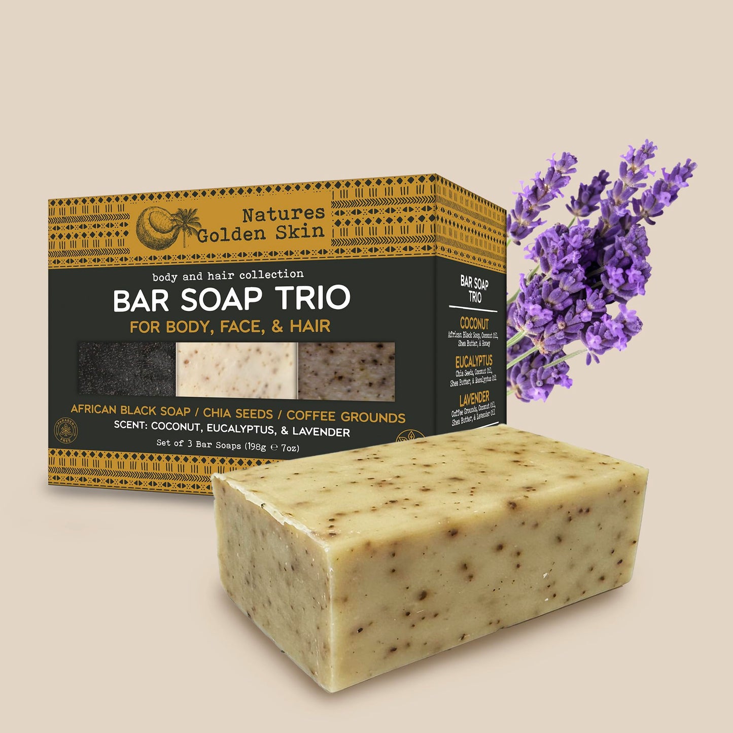 Nature's Golden Skin Bar Soap Trio for Body, Face, & Hair, Coconut, Eucalyptus, Lavender, 3 Bars (7 oz each) | Home and Body Company