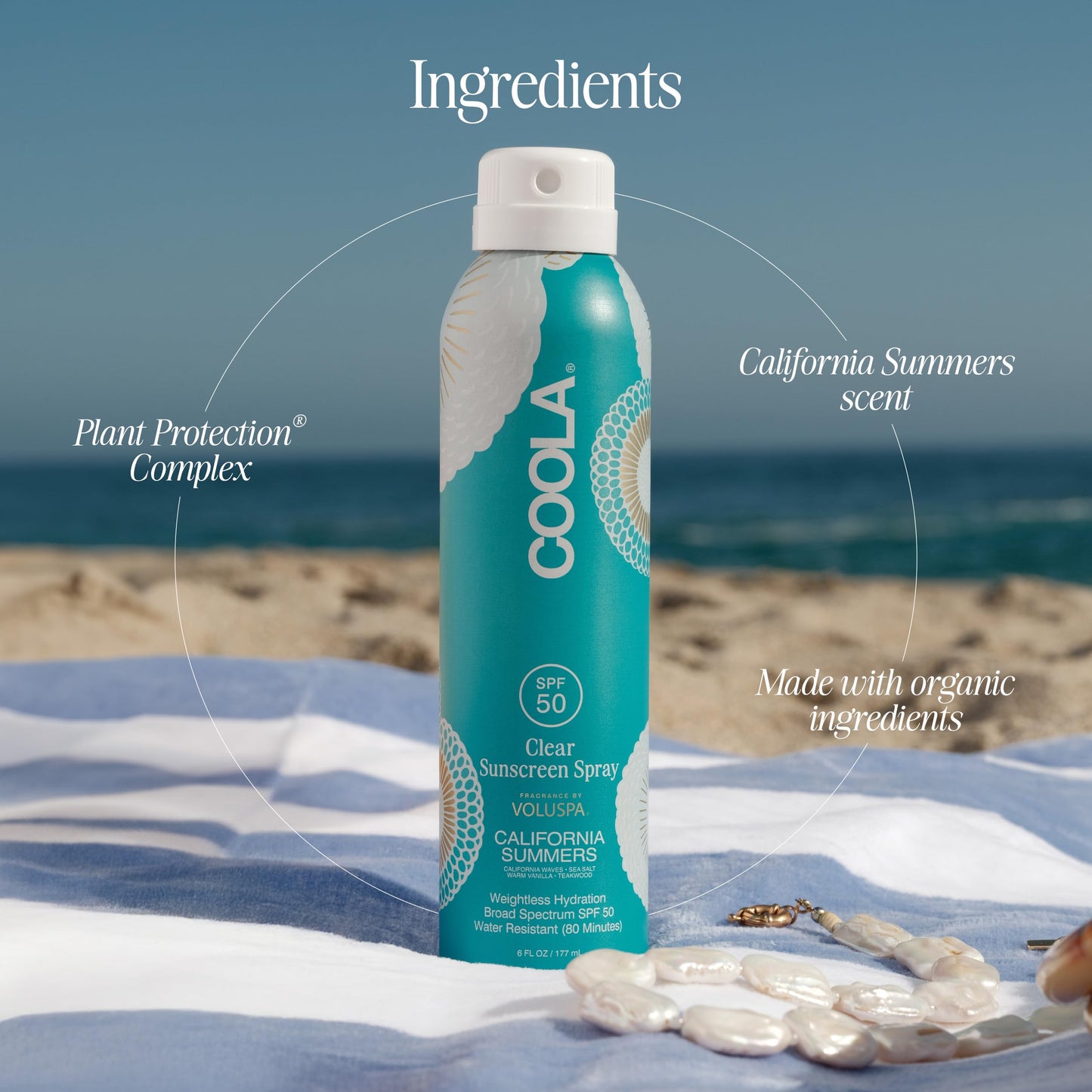 COOLA Organic Clear Sunblock Spray SPF 50, Voluspa California Summers Fragrance, Dermatologist Tested Skin Care for Daily Protection, Vegan and Gluten Free