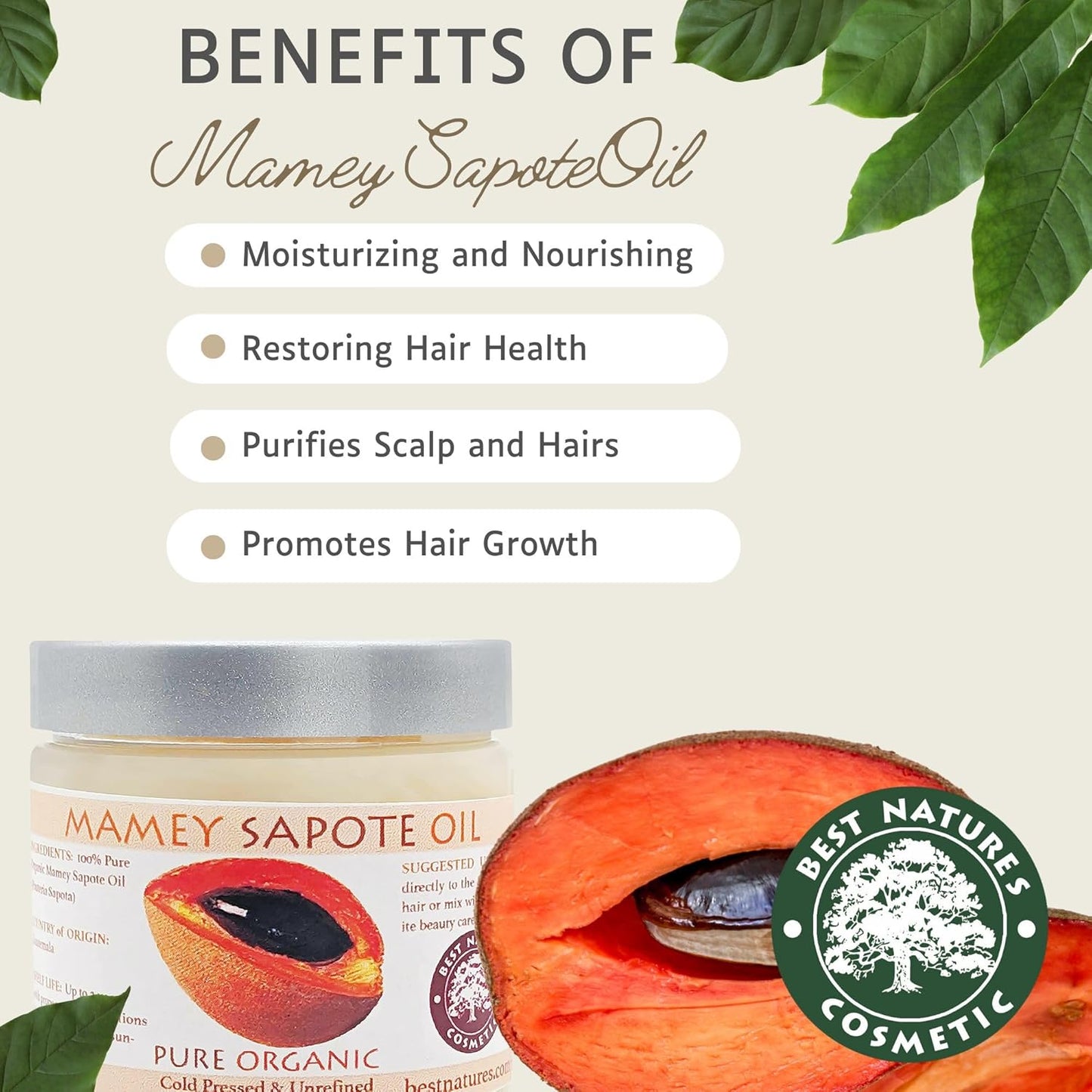 Nature's Cosmetics Mamey Sapote Oil - Organic Cold Pressed Hair & Skin Oil for Curly Hair | 5 fl oz / 150 ml