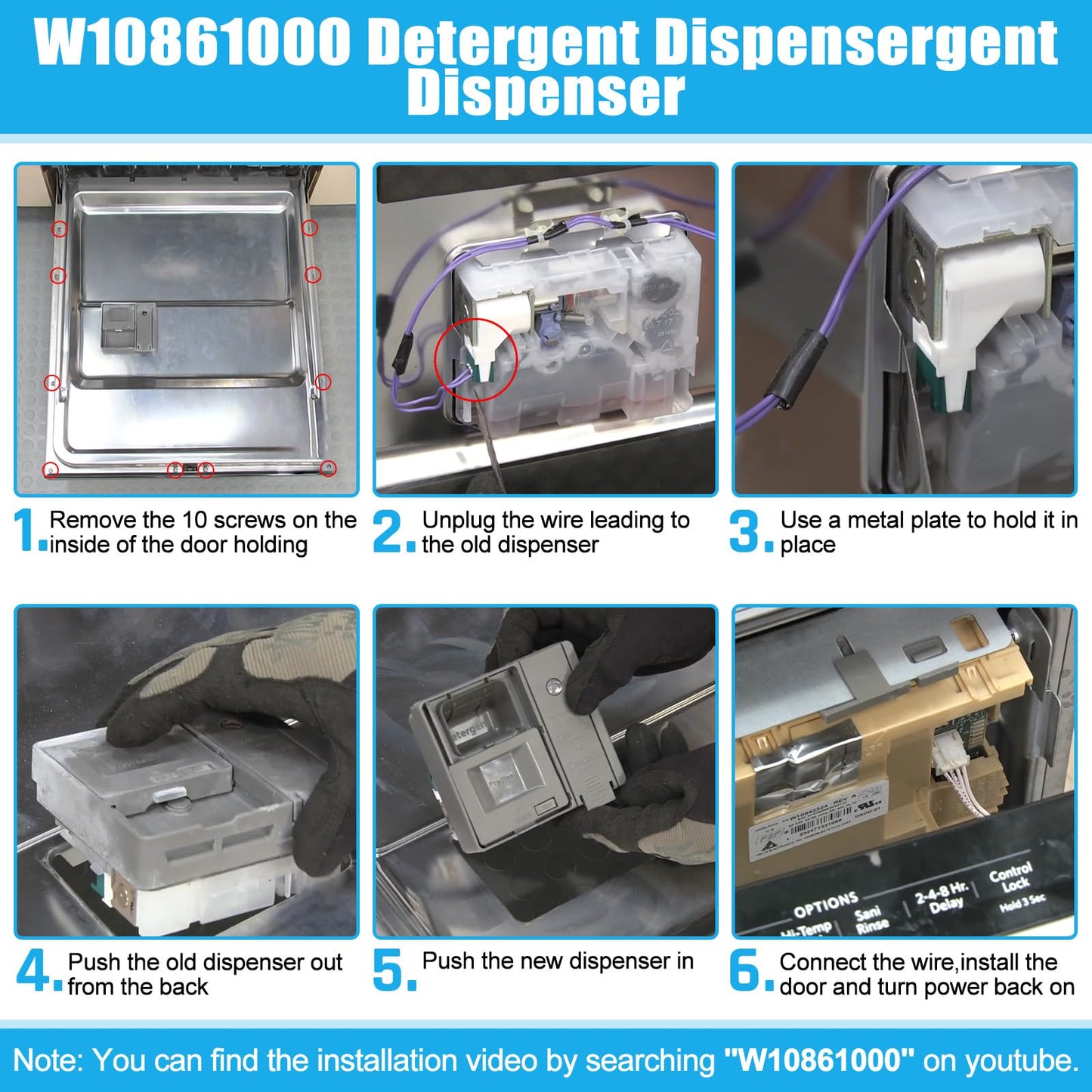 UPGRADED W10861000 W10620296 Dishwasher Detergent Dispenser WDT750SAHZ0 WDT970SAHZ0 Whirlpool Maytag KitchenAid Dishwasher Detergent Dispenser WDT730PAHZ0 Soap Dishwasher Dispenser Replacement Parts