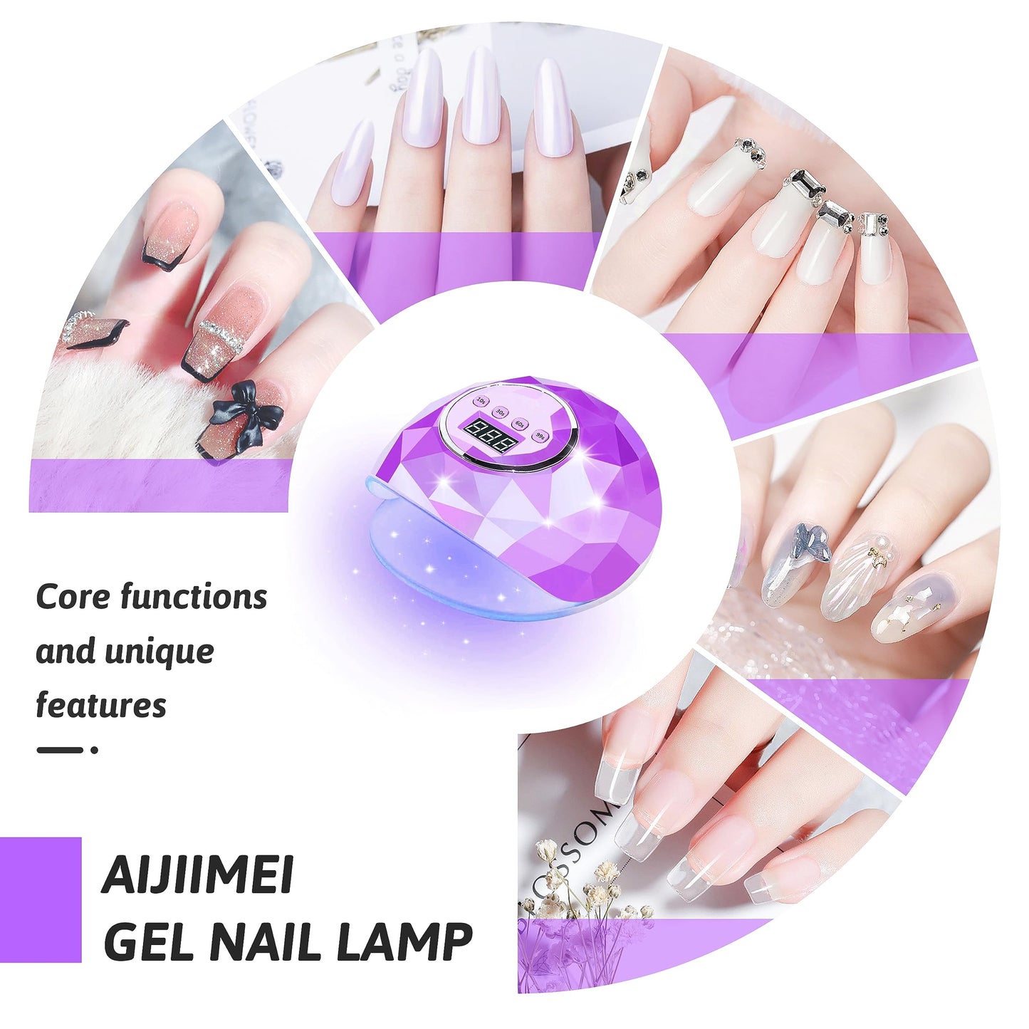 AIJIMEI Diamond Purple Nail Lamp Nail Dryer Nail Tools LED Gel Nail Lamp 86W Gel Nail Light Nail Polish Dryer for Professional and Beginner (Purple Diamond)