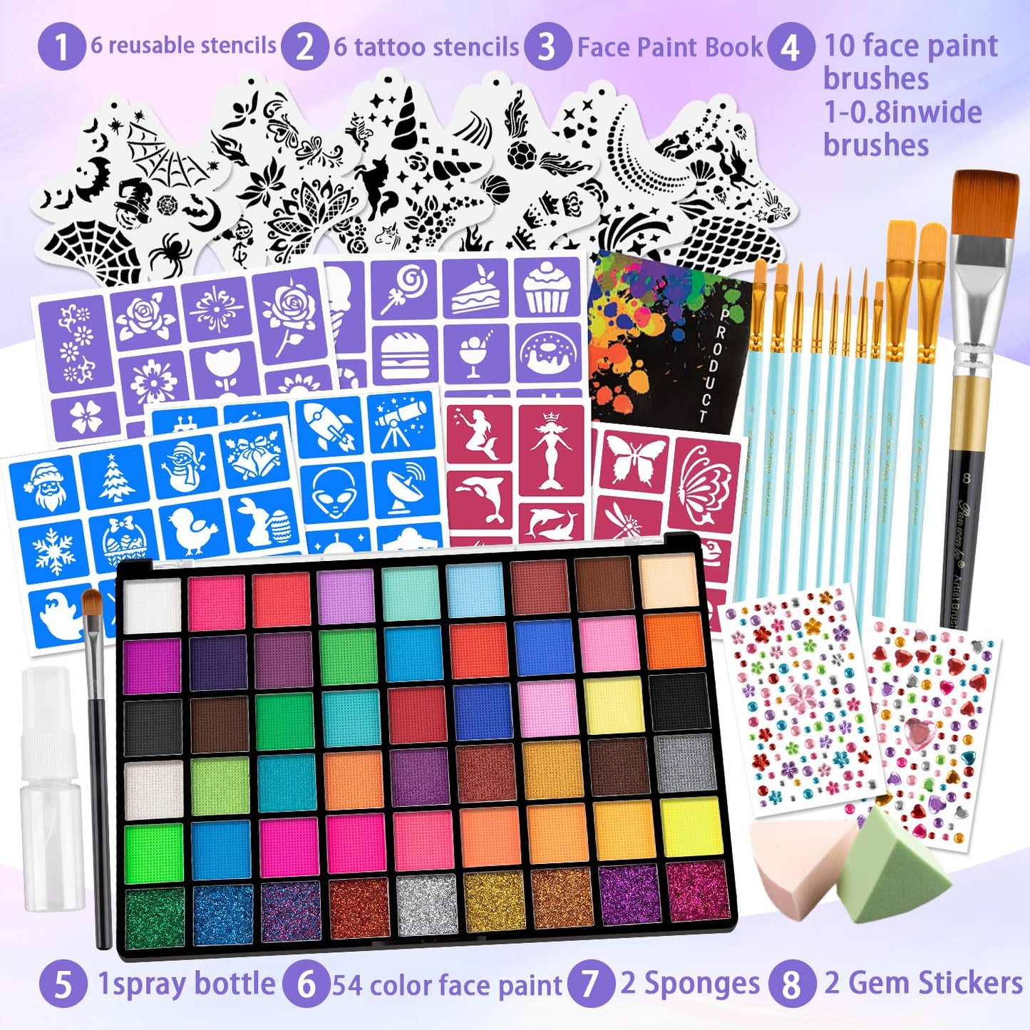 Kids Face Painting Kit,54 Color Face Painting Kit, Non Toxic Water Activated Face Paint Palette with Stencils, Brushes, Gems & Book etc. For Halloween,Christmas Carnival, Party,cosplay ctc.