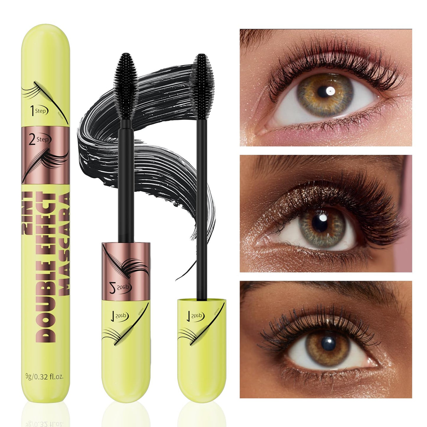 Dual-effect mascara, black and brown