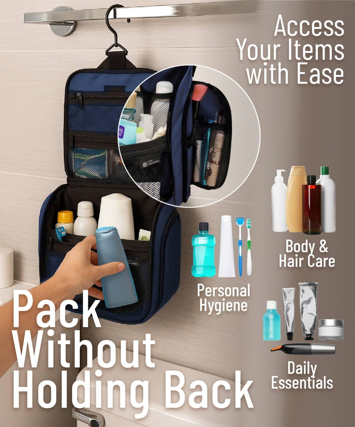 DD D&D Wanderlust D&D Hanging Toiletry Bag - Designer Travel Organizer for Makeup and Toiletries for Men and Women - Hang Case for Cosmetics and Toilet Accessories with Metal Swivel Hook