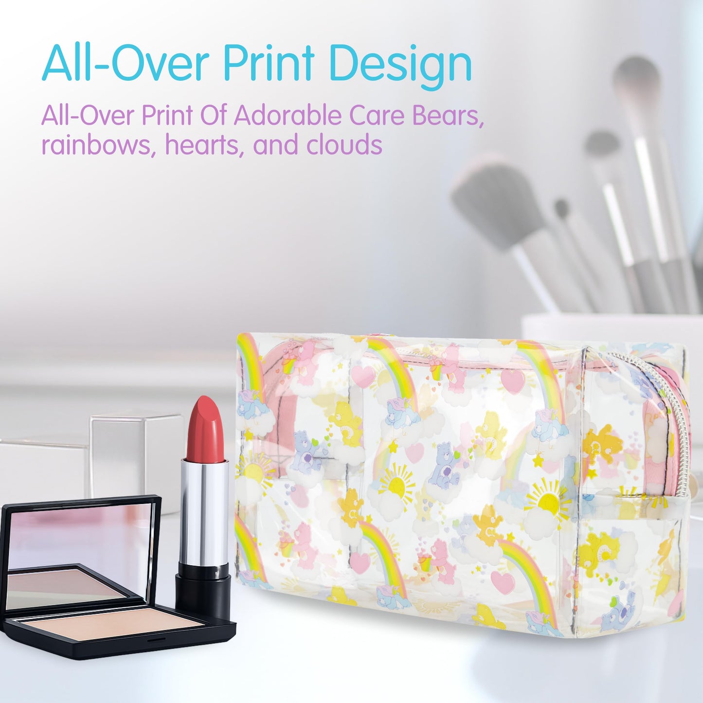 Concept One Care Bears Women's Makeup Bag, Small Travel Cosmetic Zipper Pouch Organizer, Clear