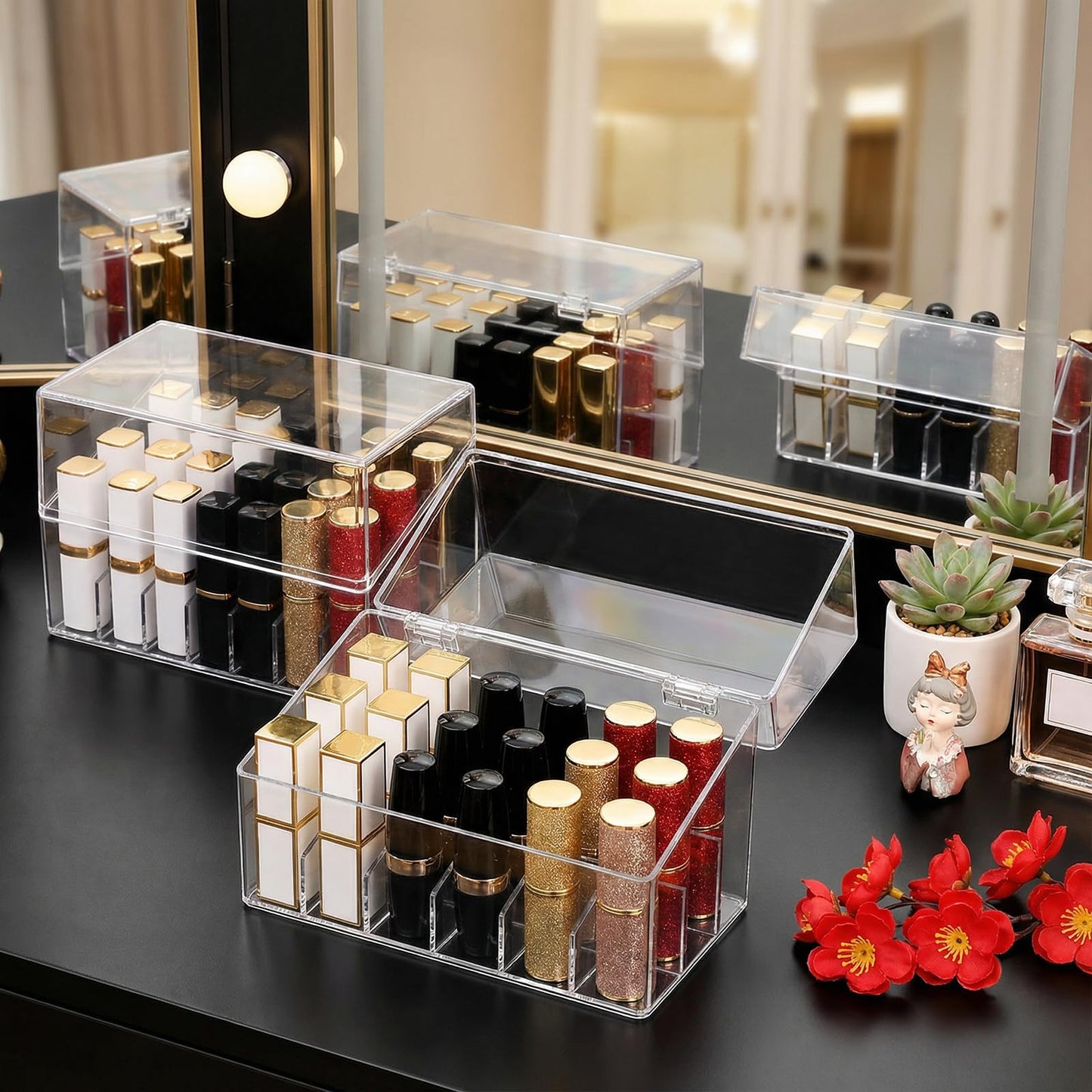 Foraineam 3 Pack Lipstick Holder Organizer with Lid, 18 Spaces Clear Acrylic Lipstick Display Stand Container, Dust-proof Beauty Makeup Storage Case for Cosmetic Dresser Vanity Cabinet Display