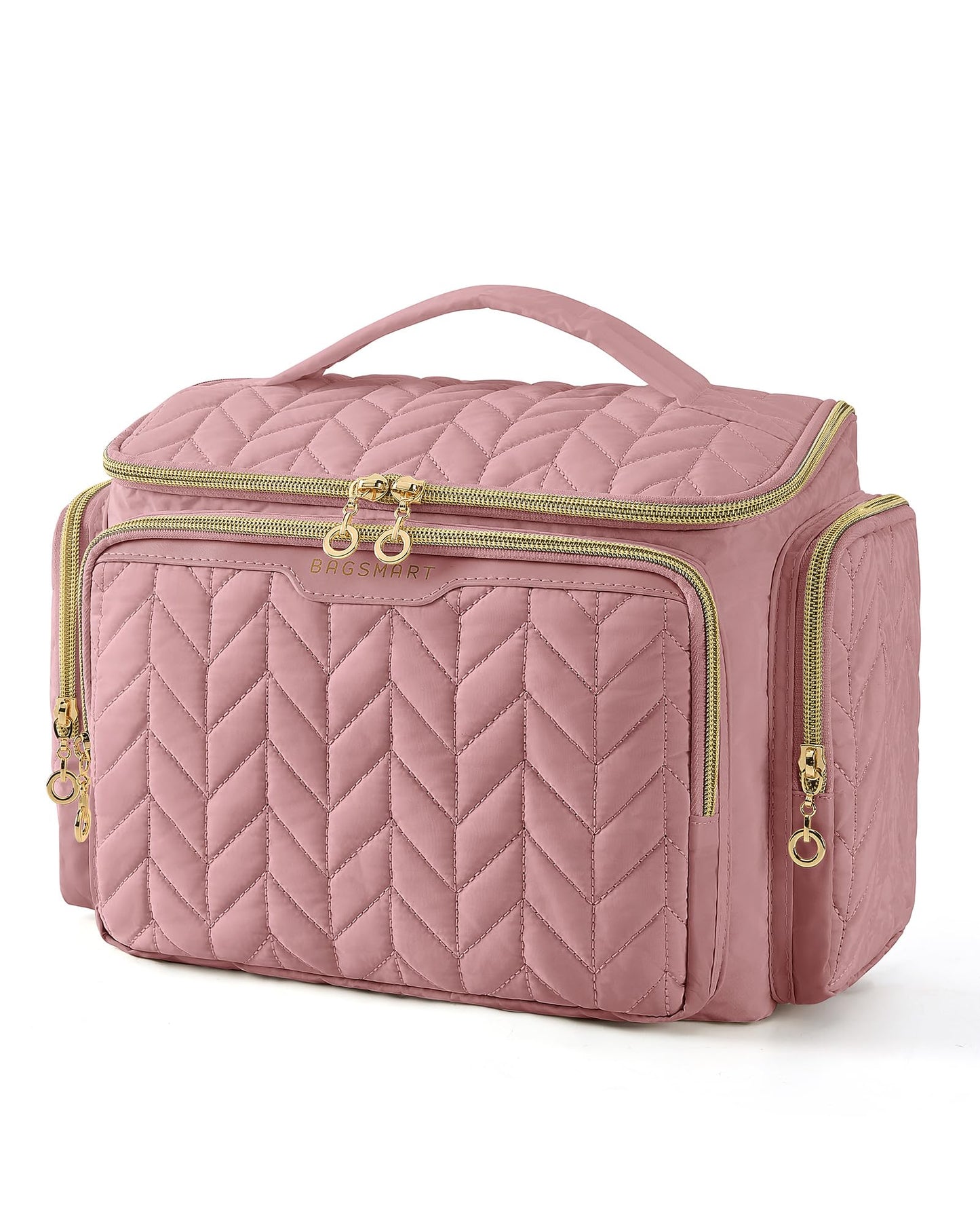 BAGSMART Travel Toiletry Bag, Large Wide-open Travel Bag for Toiletries, Makeup Cosmetic Travel Bag with Handle-Dark Pink