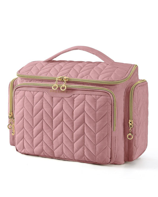 BAGSMART Travel Toiletry Bag, Large Wide-open Travel Bag for Toiletries, Makeup Cosmetic Travel Bag with Handle-Dark Pink