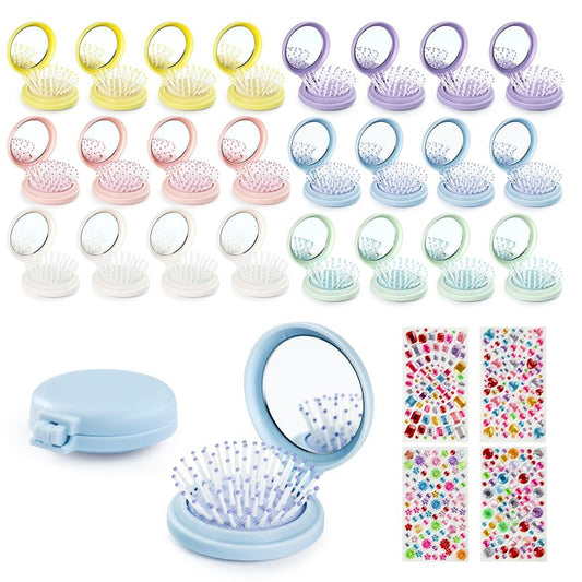 Lilingsty 24 Pack Foldable Travel Hair Brushes with Mirror, Portable Round Pocket Hairbrush, with High Definition Mirror Surface, Mini Compact Hair Massage Comb for Purse, With DIY Sticker, 6 Colors
