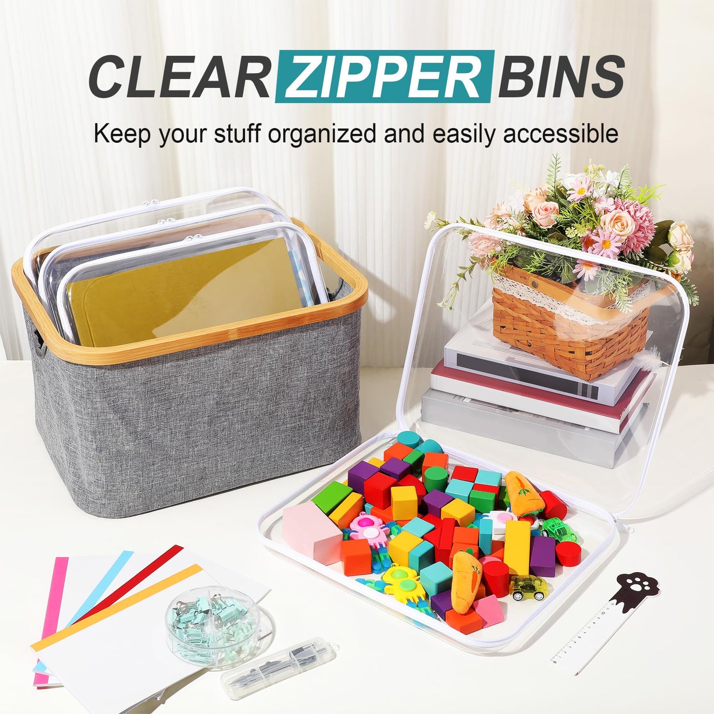 Hoolerry 4 Pcs Hard Clear Zipper Case Makeup Bags Plastic Zipper Pouch Transparent Storage Box Containers for Cosmetics, Snacks, Building Blocks, Puzzles(Clear,13.8 x 11.8 x 2 in,White)