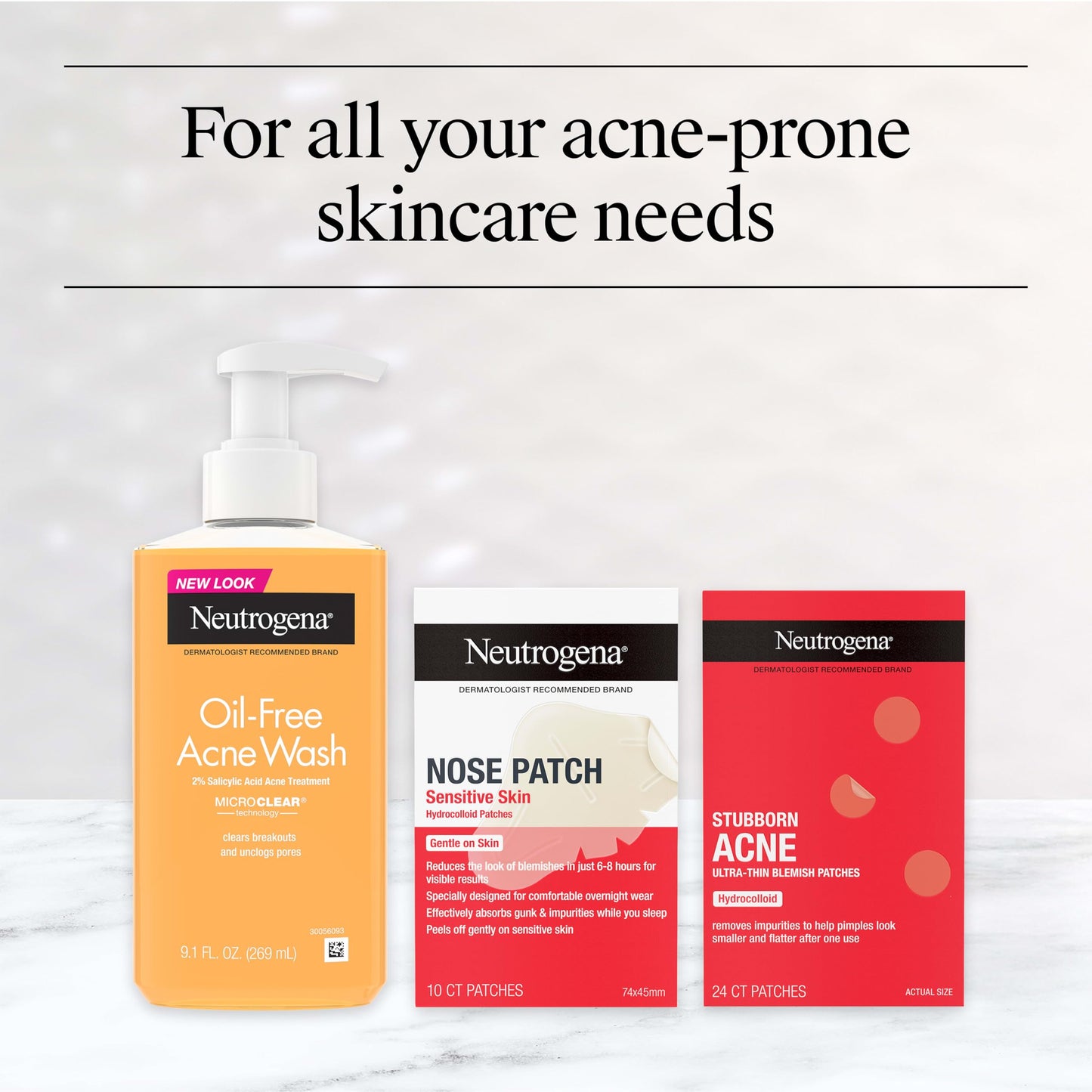 Neutrogena Oil Free Acne Face Wash for Oily Skin, Salicylic Acid Cleanser, Noncomedogenic, Residue Free, Easy Pump Bottles, 9.1 Fl Oz, 3 Count