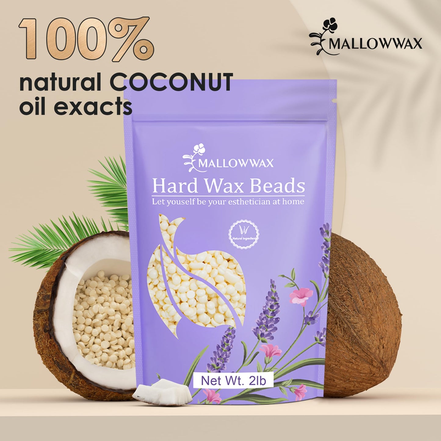 Mallowwax Hard Wax Beads, 2LB Coconut Cream Wax for Sensitive Skin, Gentle Hair Removal for Face, Bikini, Legs & Brazilian, No Strips Needed & Easy to Use at Home
