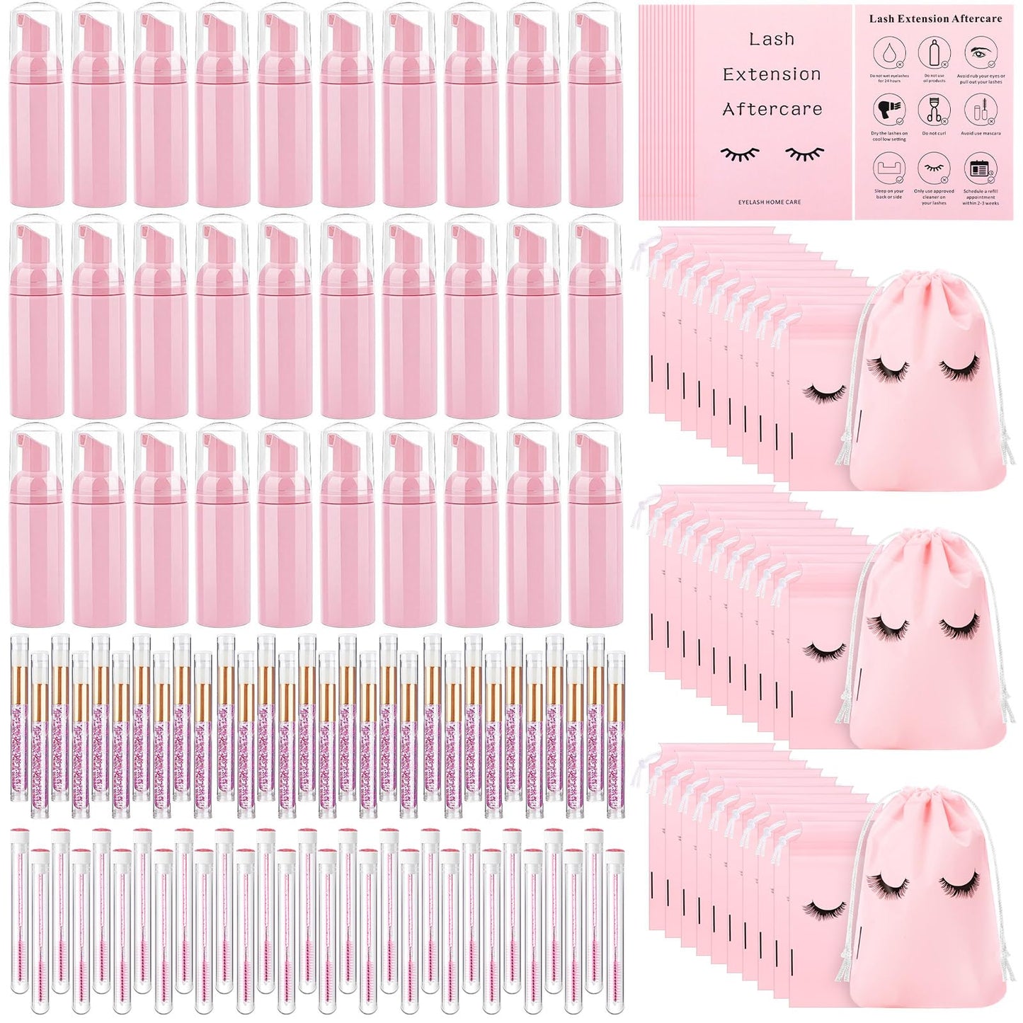 Zhehao 150 Pcs Lash Shampoo Kit Bottle Brushes Bulk 30 Eyelash Dispensers 30 Lash Shampoo Brushes 30 Reusable Aftercare Bag 30 Eyelash Pipes 30 Extension Aftercare Cards(Pink)