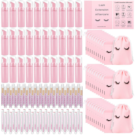 Zhehao 150 Pcs Lash Shampoo Kit Bottle Brushes Bulk 30 Eyelash Dispensers 30 Lash Shampoo Brushes 30 Reusable Aftercare Bag 30 Eyelash Pipes 30 Extension Aftercare Cards(Pink)