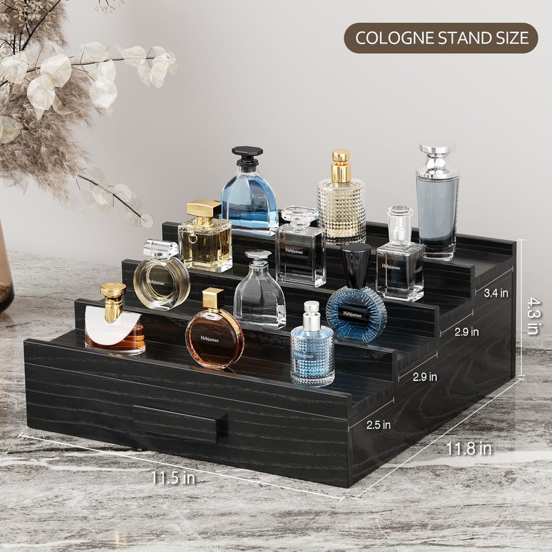 Hrbjunuo Solid Walnut Cologne Organizer for Men, 4 Tier Cologne Stand, Wooden Cologne Holder Display Shelf with Drawer Storage and Hidden Compartment, Black Perfume Stand Organizer, Gifts for Men