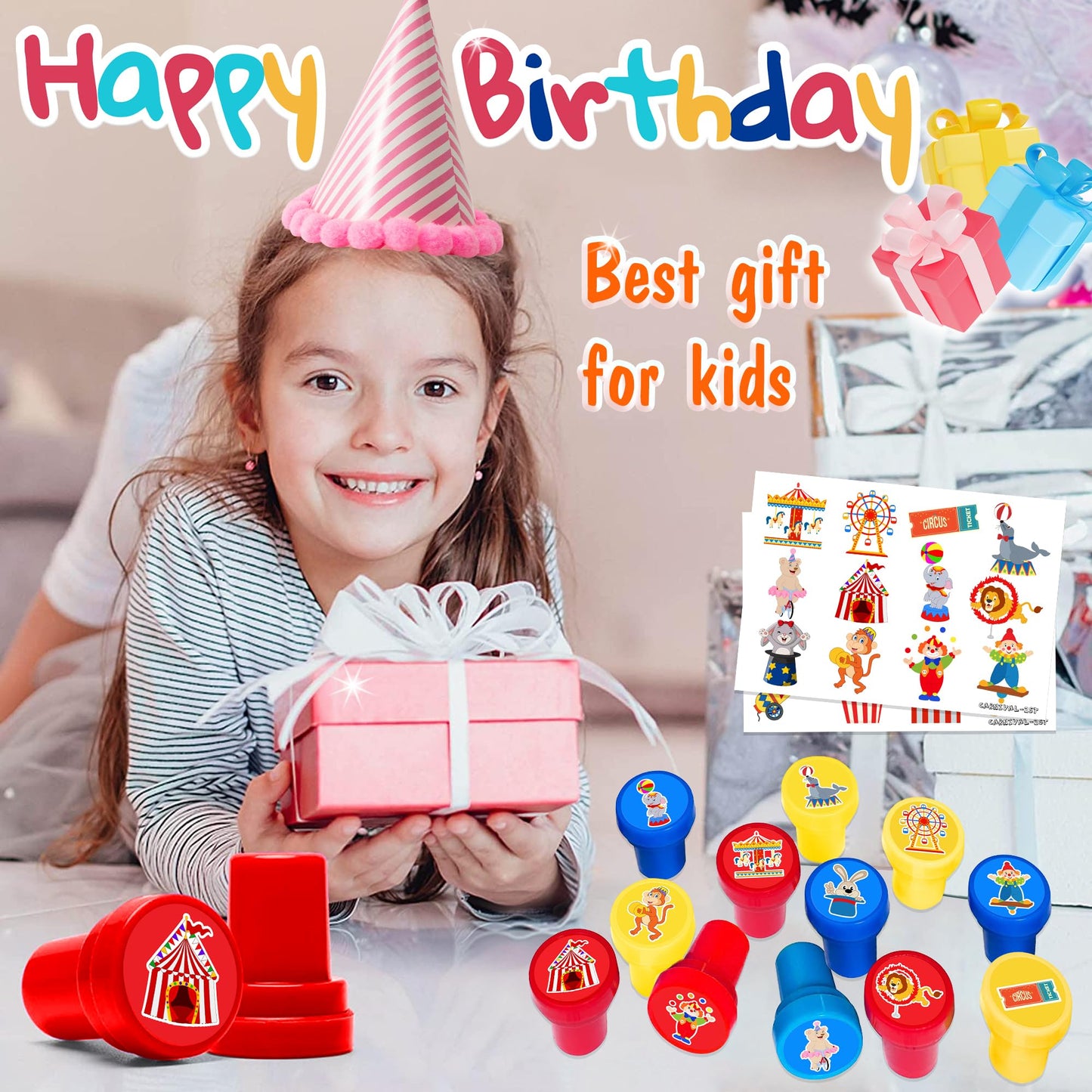 INKSOMOBA 36 PCS Carnival Party Favors for Kids - 24 Temporary Tattoos & 12 Circus Themed Stamps - Ideal Goodie Bag Fillers, Birthday Rewards, Classroom Prizes for Boys & Girls