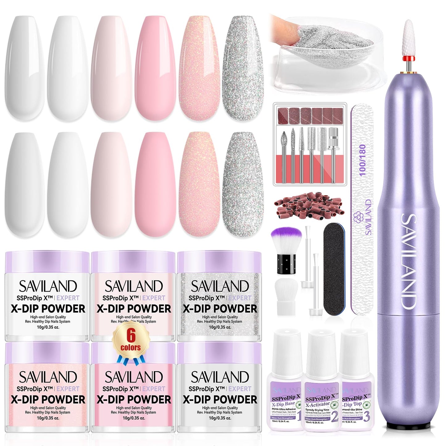 SAVILAND Dip Powder Nail Kit with Drill: 6 Color Winter Dip Nails Powder Starter Kit Pink Nude Glitter Clear with Liquid Set Base Top Activator French Manicure Beginner DIY Home Christmas Gift