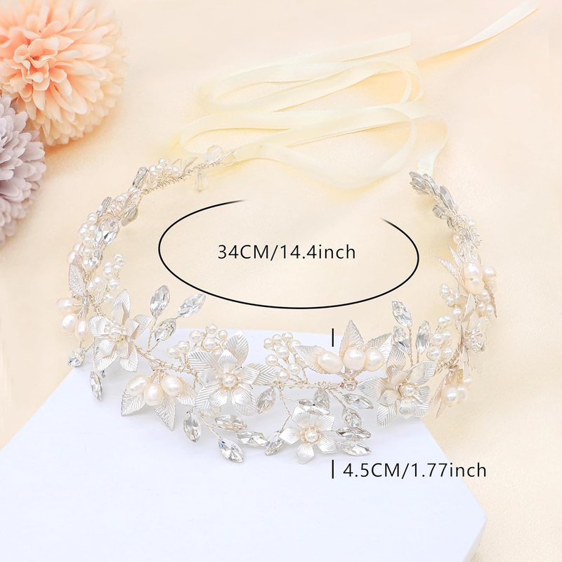 Oriamour Bridal Headband - Flower Design with Genuine Freshwater Pearls & Ribbons | Silver Hair Accessory for Weddings