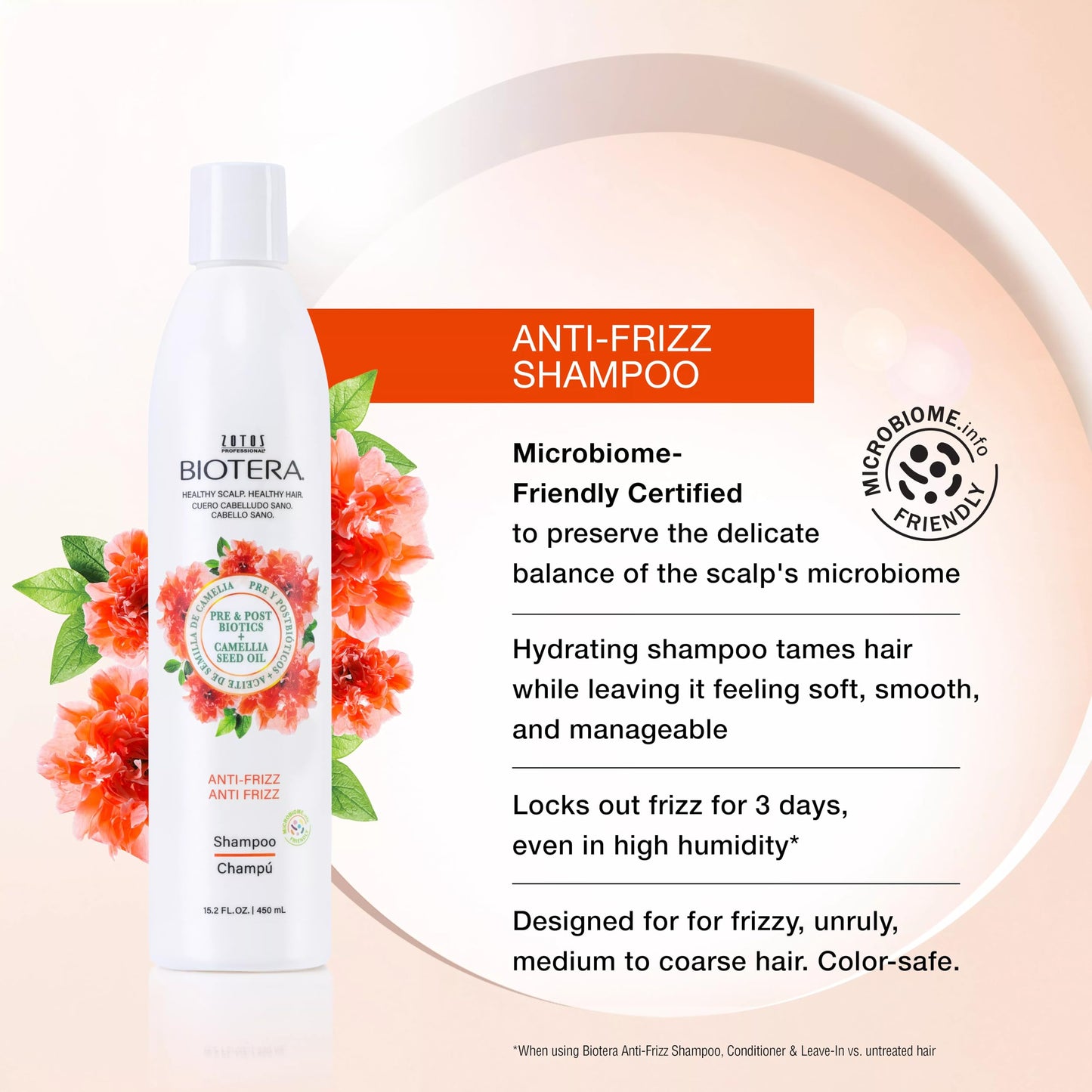 Biotera Anti-Frizz Smoothing Shampoo for Frizzy, Unruly Hair, Smooths & Controls Frizz with Coconut & Camellia Seed Oil, Leaves Hair Soft & Smooth, Color-Safe, Vegan, Paraben-Free, 32 Fl Oz