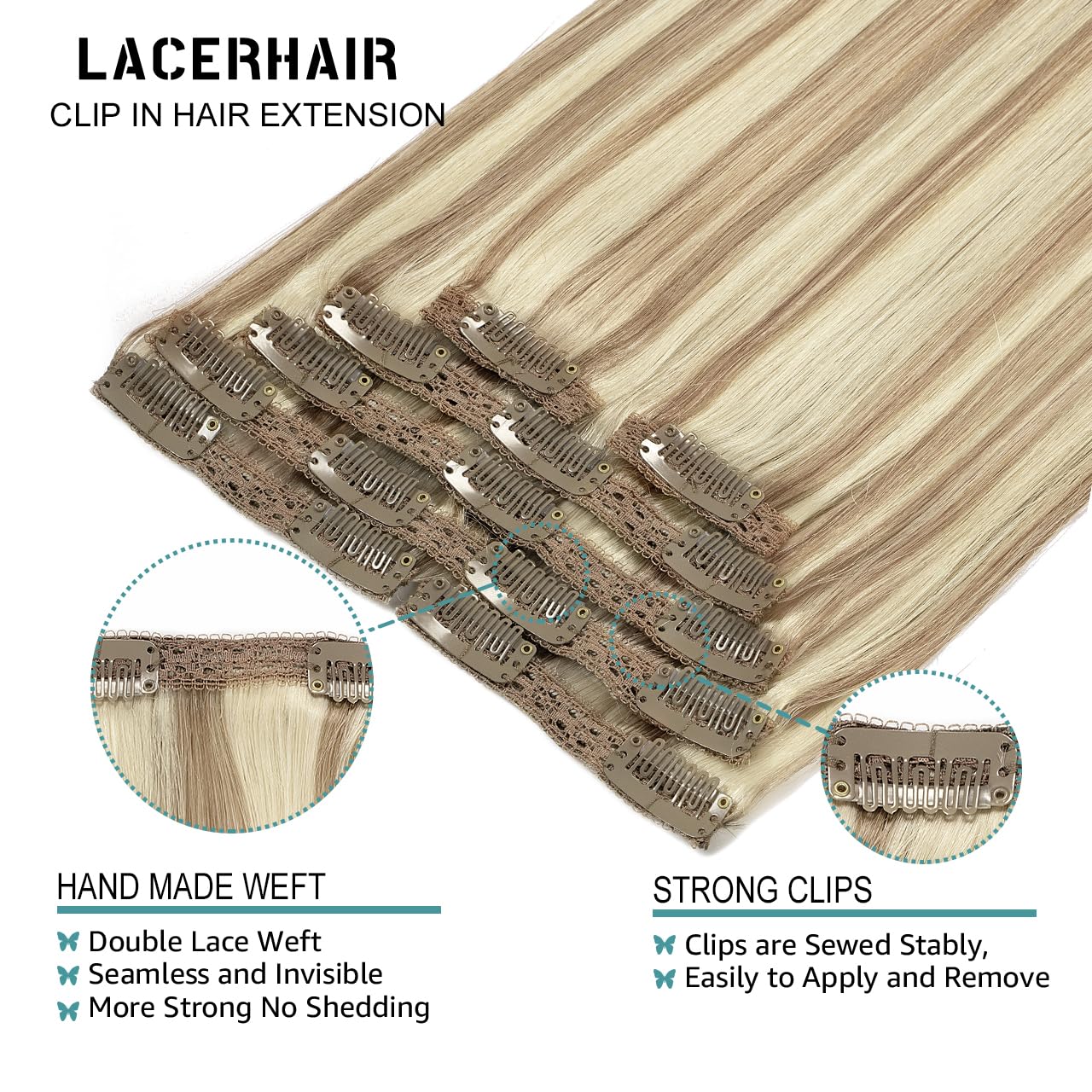 Lacer Clip in Hair Extensions Real Human Hair Thick Straight Hair Light Brown Highlights Platinum Blonde Remy Human Hair Clip in Extensions 120 Gram 7pcs 16 Inch