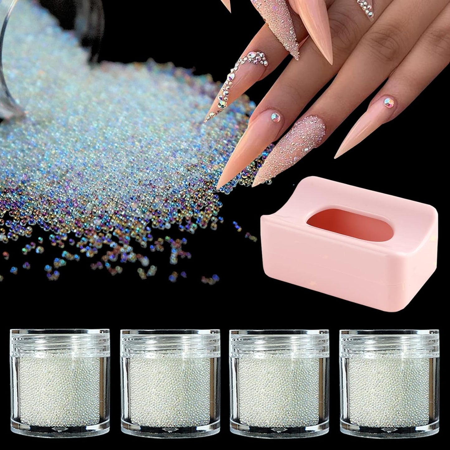 Nail Crystals - 4 Bottles Micro Pixie Beads in Recycling Box | 3D Nail Art Charms & Decorations (Crystal AB)