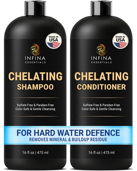 INFINA ESSENTIALS Chelating Clarifying Shampoo and Conditioner for Hard Water & Chlorine Removal | 16 fl oz | Sulfate Free Metal Detox Shampoo for Build Up | Deep Cleansing, Color Safe for Swimmers