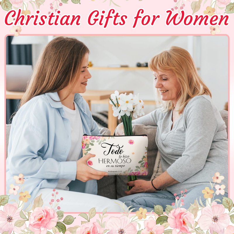 24 Pcs Spanish Christian Gift Set - 12 Women Makeup Bags Bulk & 12 Butterfly Keychains Inspirational Bible Verse Cosmetic Bags Religious Gifts for Women Regalos Religiosos Para Mujer En Español
