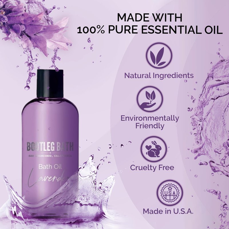 BOOTLEG BATH - Lavender Bath Oil with Marula, Rosehip, and Jojoba Oils, Chamomile Extract, and 100% Pure Natural Essential Oil, Great Stocking Stuffer or Gift, 4oz, for Men and Women, Made in USA