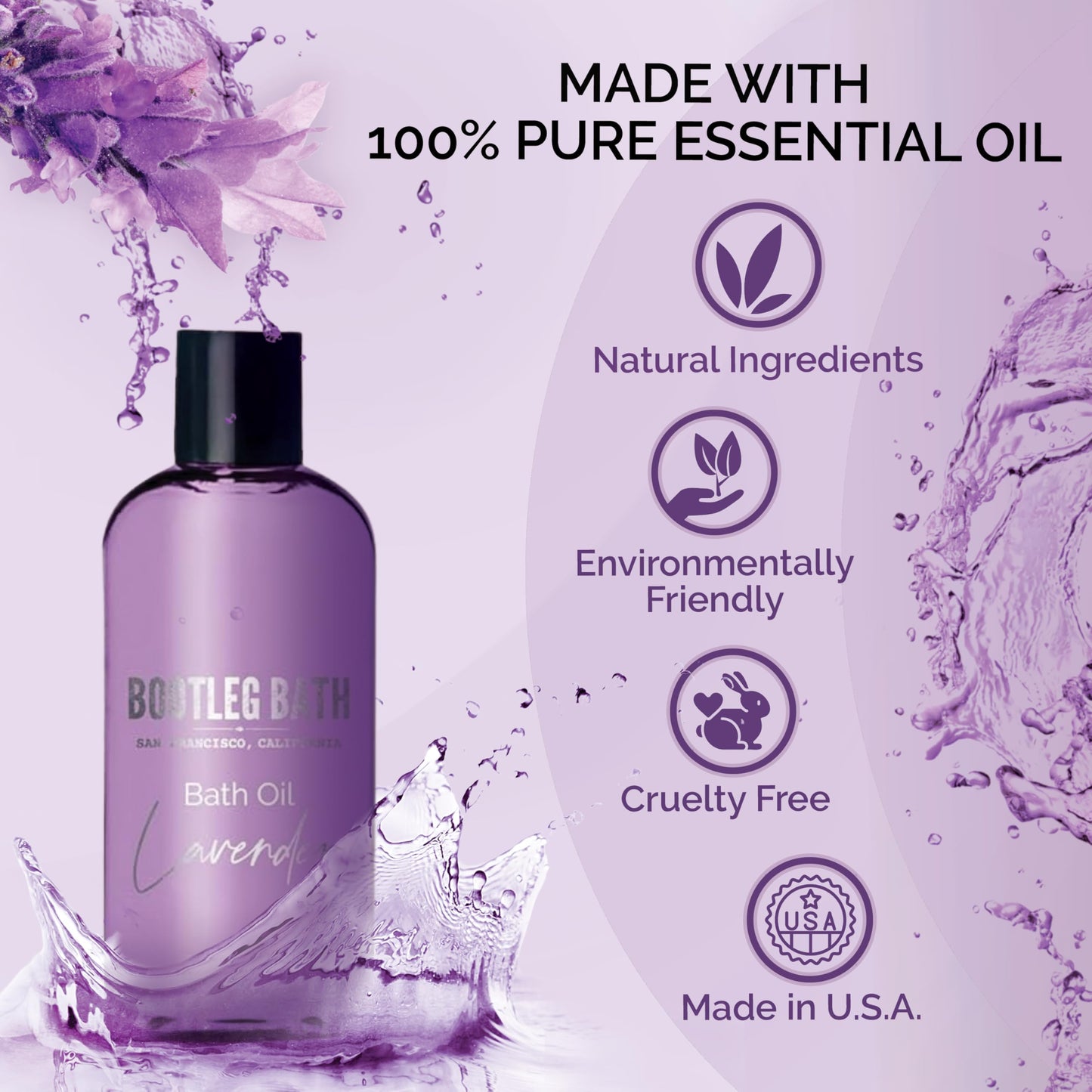BOOTLEG BATH - Lavender Bath Oil with Marula, Rosehip, and Jojoba Oils, Chamomile Extract, and 100% Pure Natural Essential Oil, Great Stocking Stuffer or Gift, 4oz, for Men and Women, Made in USA