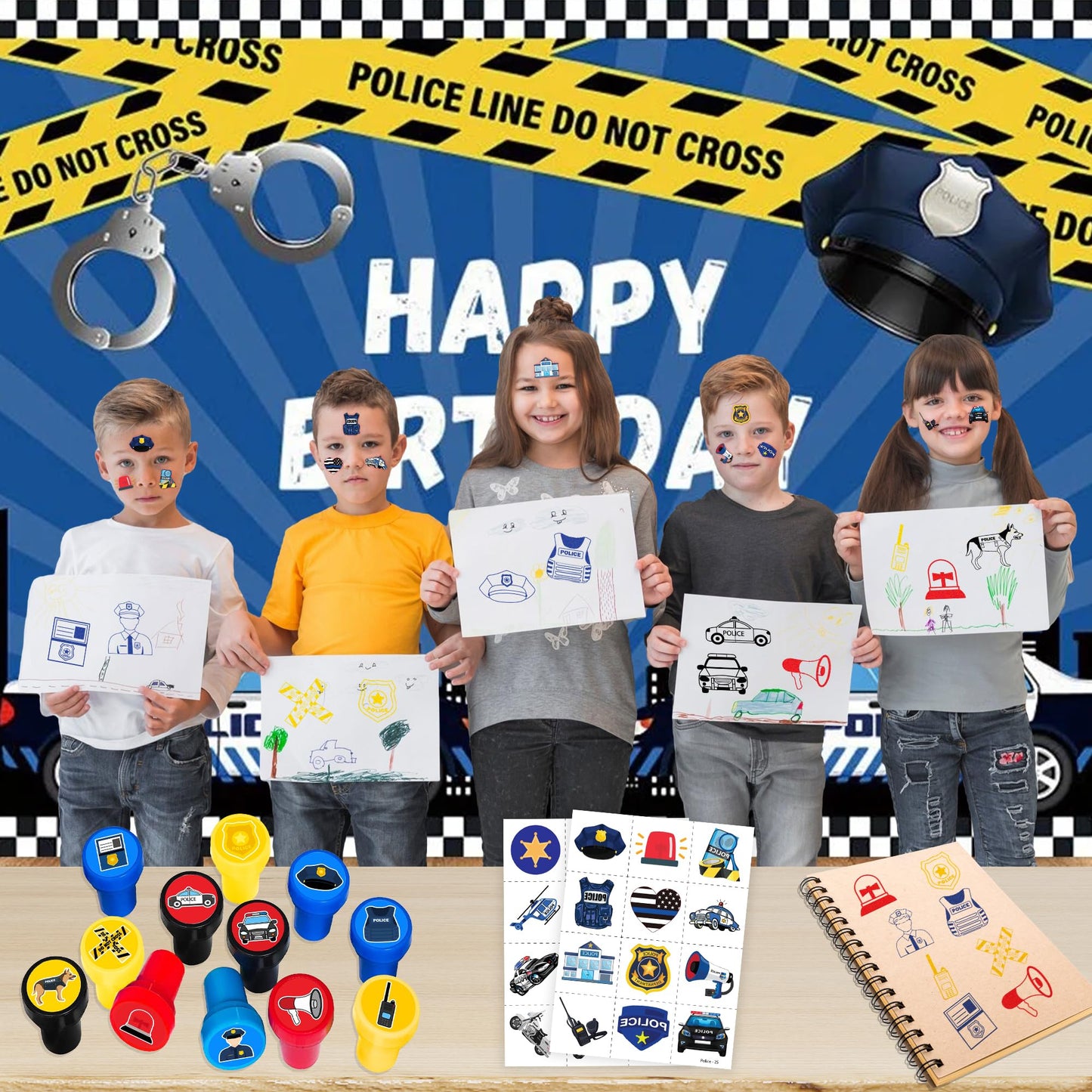 36PCS Police Party Favors - 24PCS Pre-Cut Temporary Tattoos & 12PCS Stamps - Ideal Police Officers Cops Themed Birthday Card Decorations Supplies Goodie Bag Kids Gifts Classroom Rewards Prizes