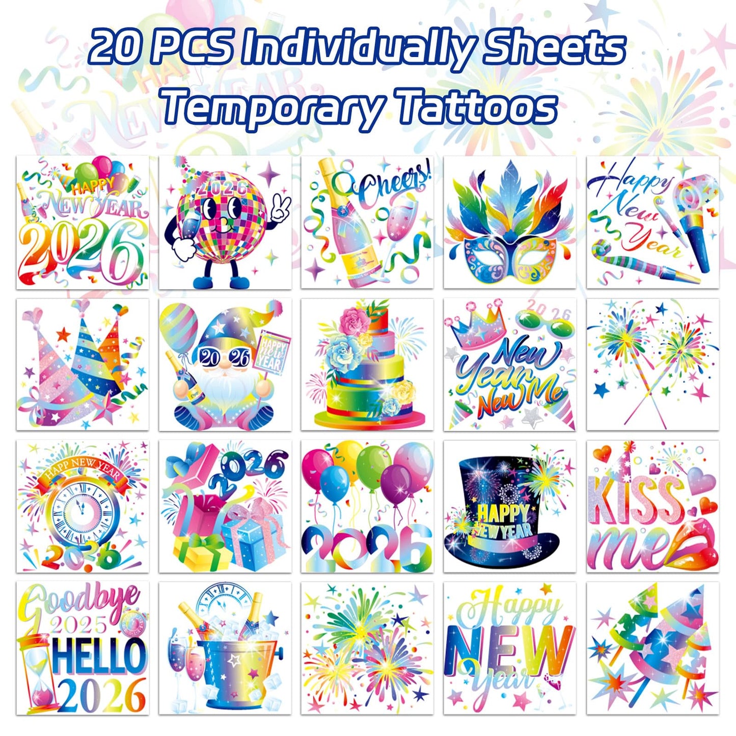 HOWAF 40pcs Happy New Year 2026 Temporary Tattoos, 2026 NYE Party Favors Tattoos Stickers,New Year Face Tattoos for Happy New Year Eve Party Decorations,New Years Firework Temporary Tattoos
