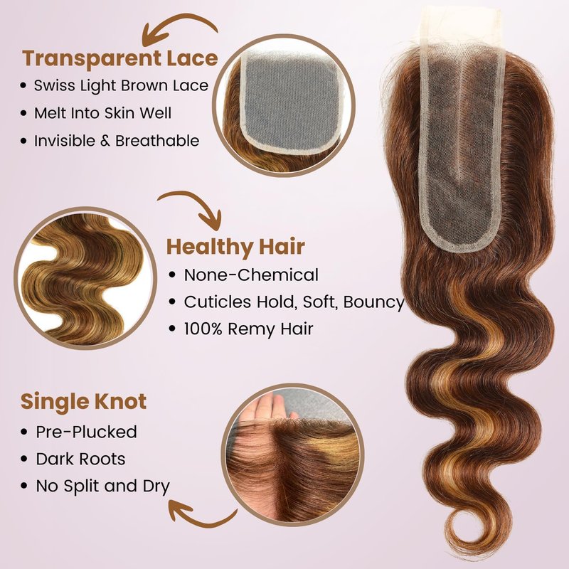 Long Deep Part 2x6 Closure Body Wave - Honey Blonde & Ombre Brown HD Lace, 10 Inch Real Human Hair